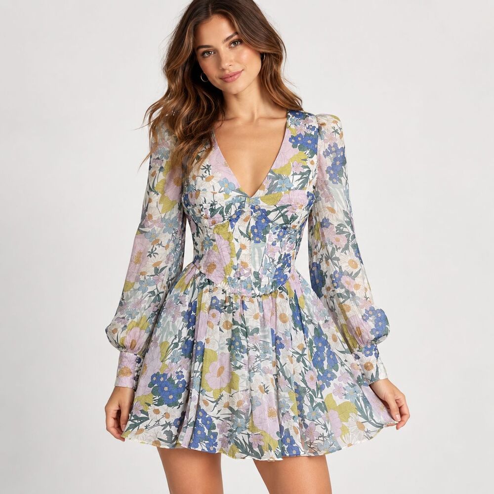 Bardot Zelina Corset Floral Mini Dress M Puff Sleeve V Neck Fit & Flare